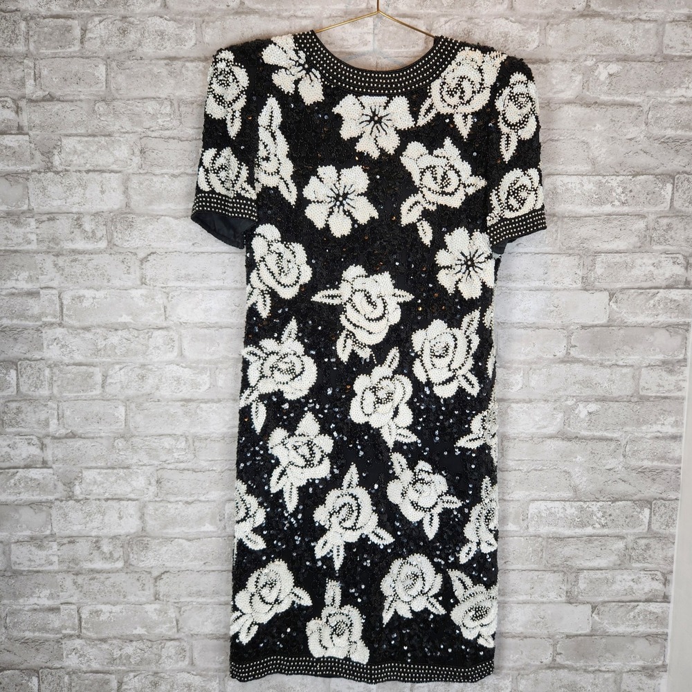 Joan Leslie Vintage 80s Dress Floral Beaded Sequin 100% Silk  Cocktail 6
